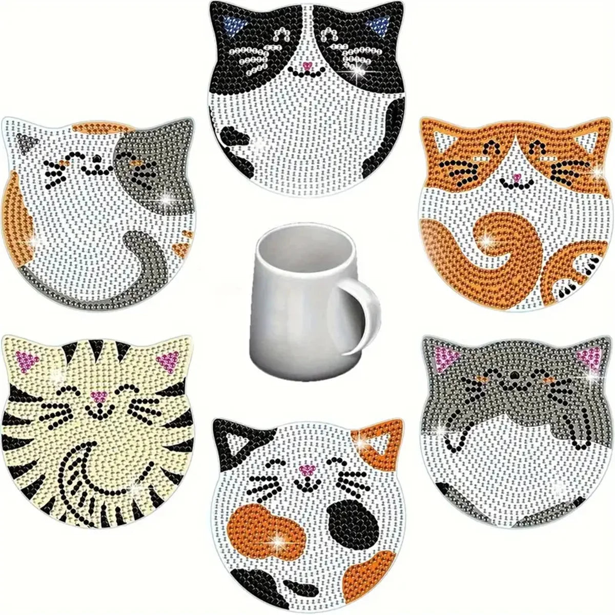 6 Pieces DIY Cat Rhinestone Painted Mosaic Drink Coaster Set