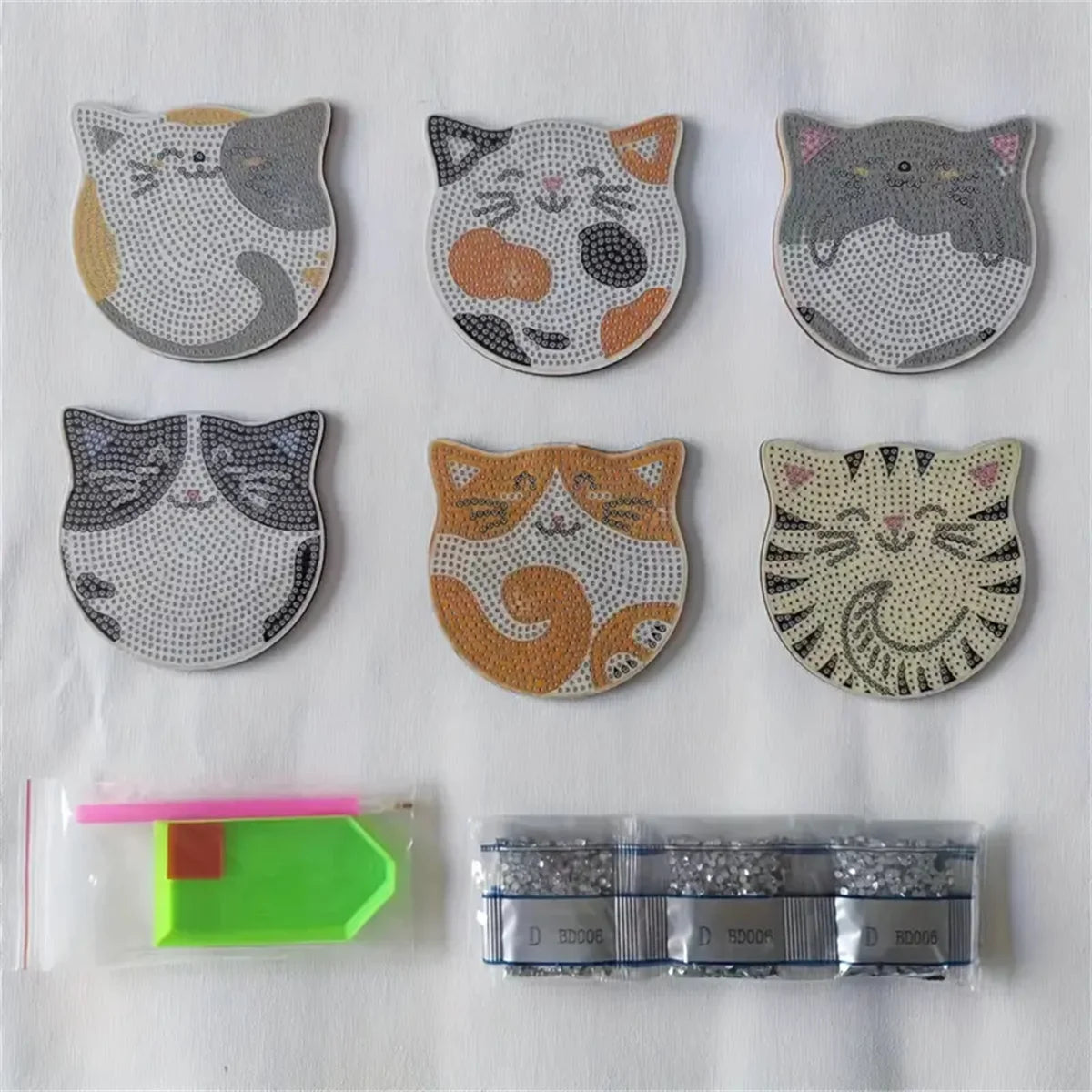 6 Pieces DIY Cat Rhinestone Painted Mosaic Drink Coaster Set