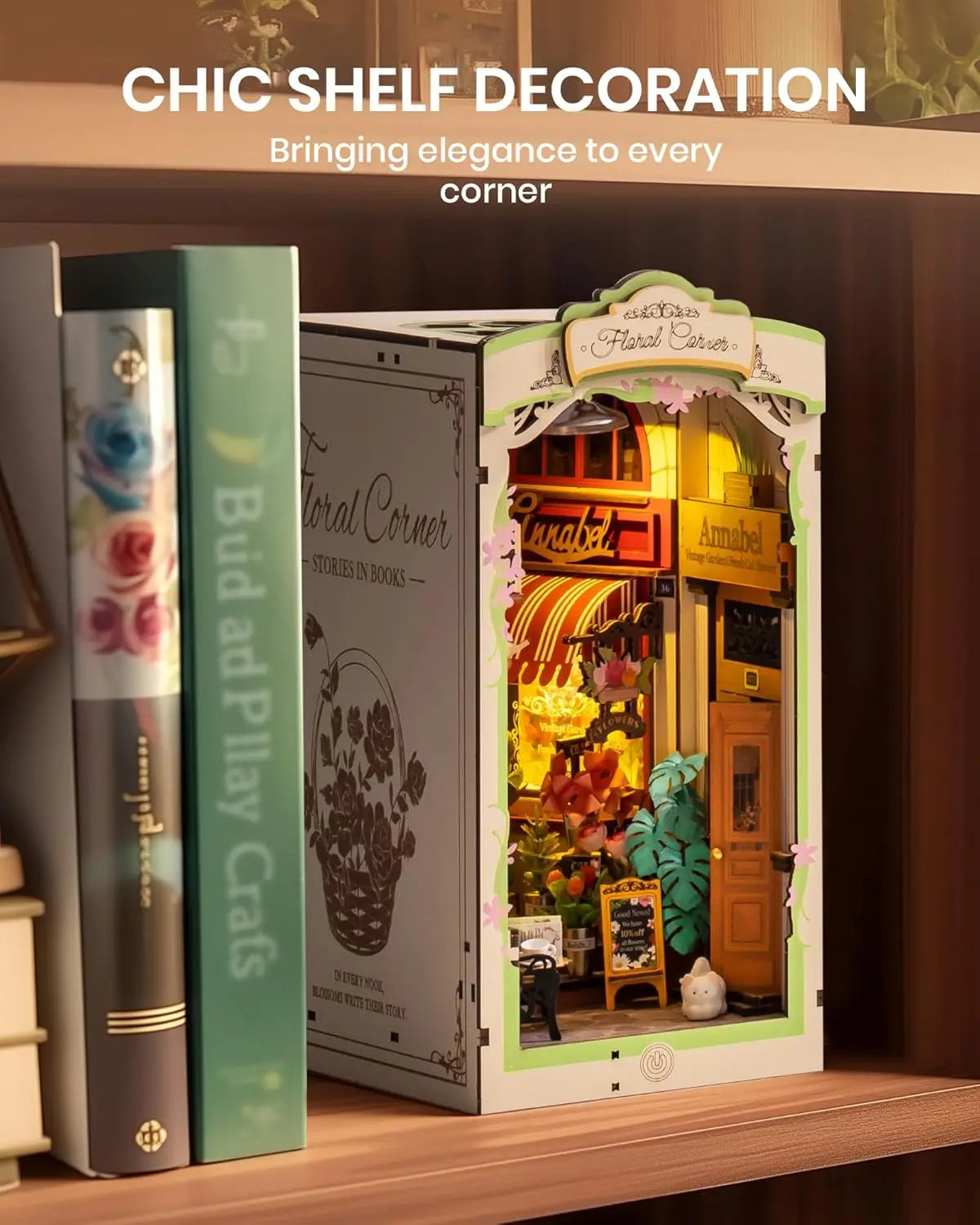 Robotime Floral Corner Book Nook Kit with LED Lights
